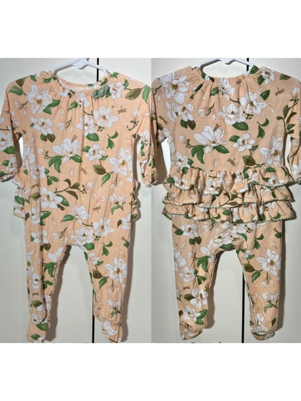Mud Pie knit bamboo footed sleeper Magnolia peach green floral 3m 6m NWOT footie